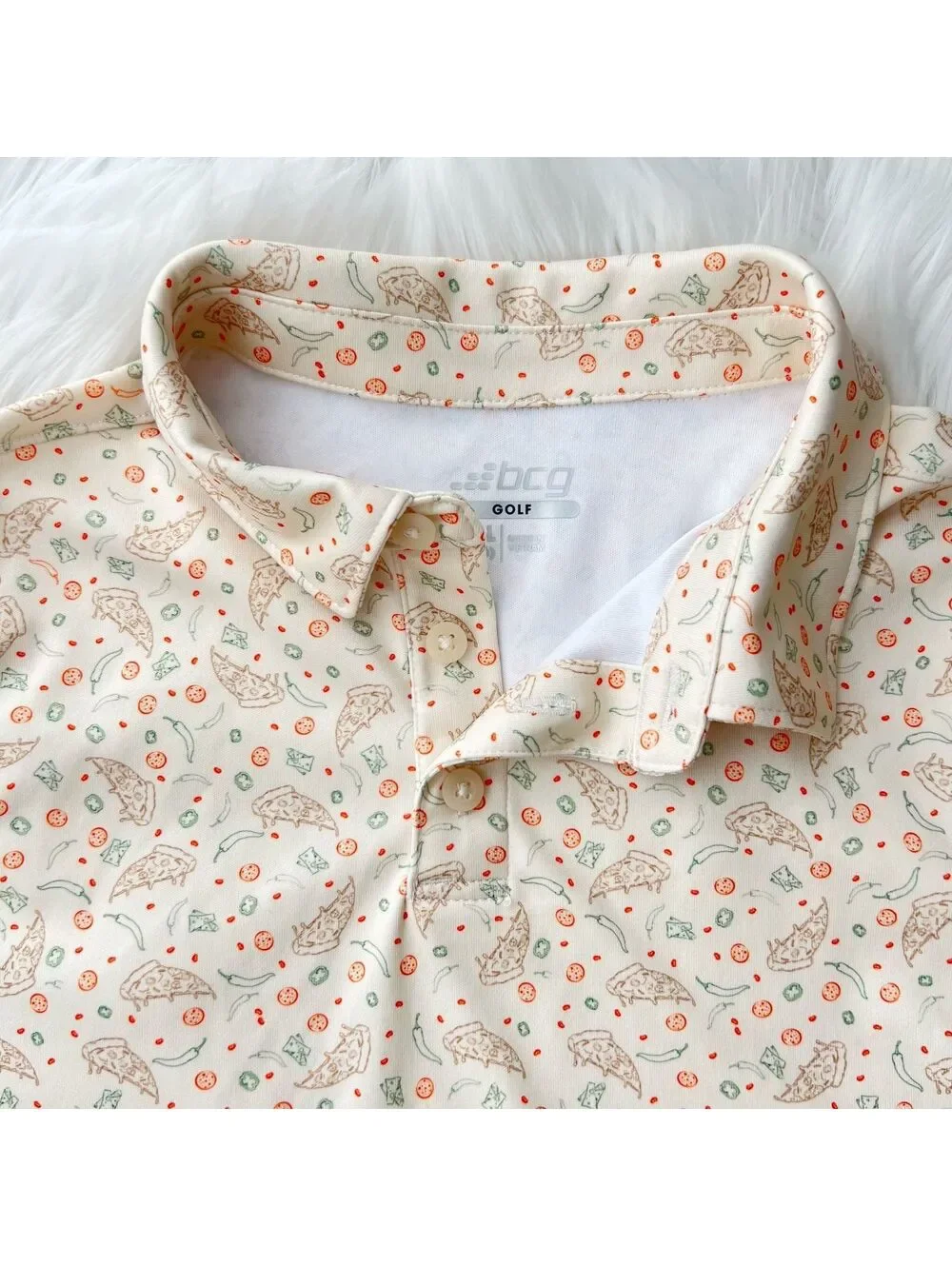 NWT BCG Golf Pizza Print Polo Shirt UPF 50 Moisture Wicking Youth L 14-16